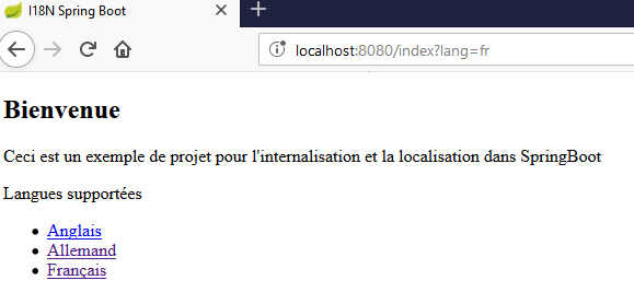 Spring Boot localhost:8080 French menu | Phrase