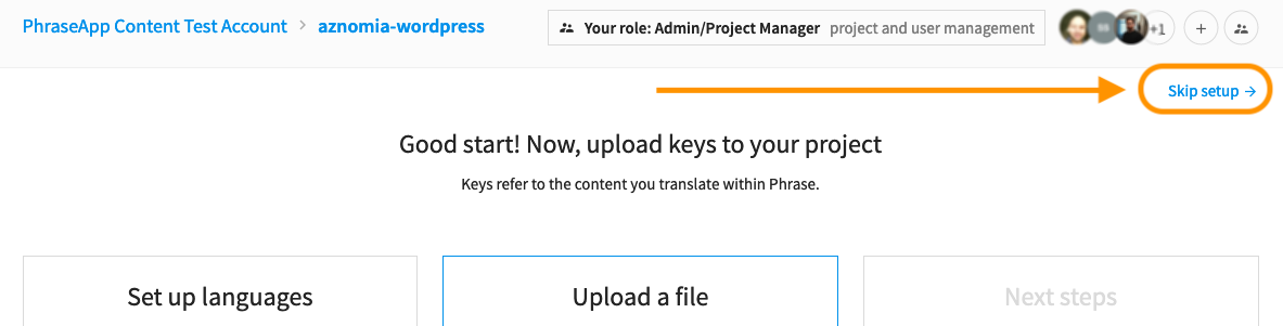 Omitiendo la configuración del proyecto en Phrase | Phrase