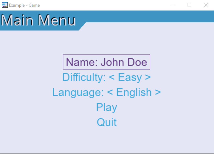Our game's main menu UI in English