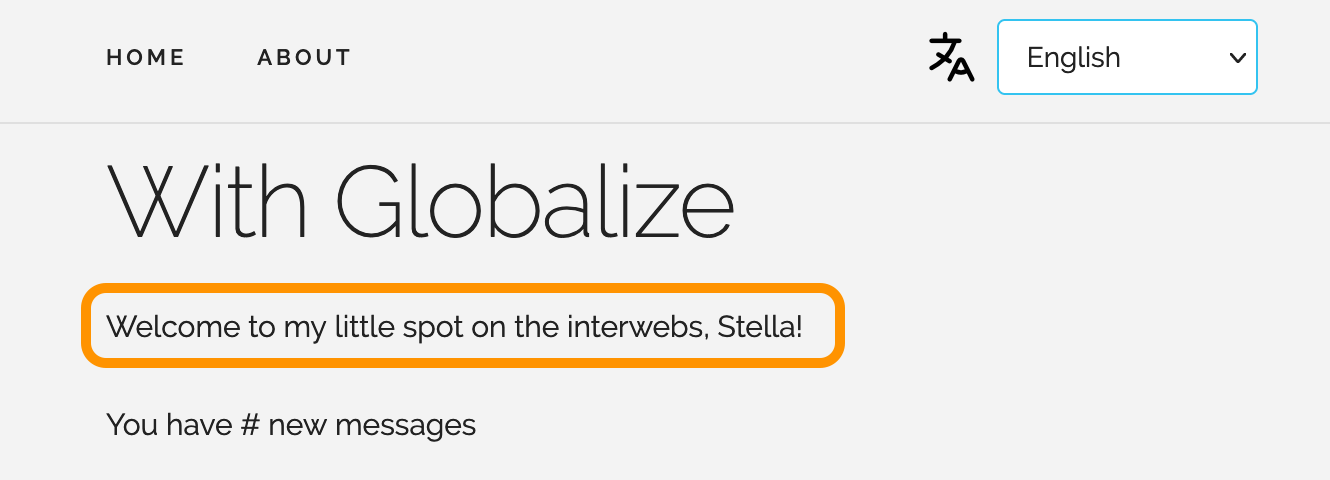 Aplicación de demostración de Globalize con interpolación en la localización en inglés | Phrase