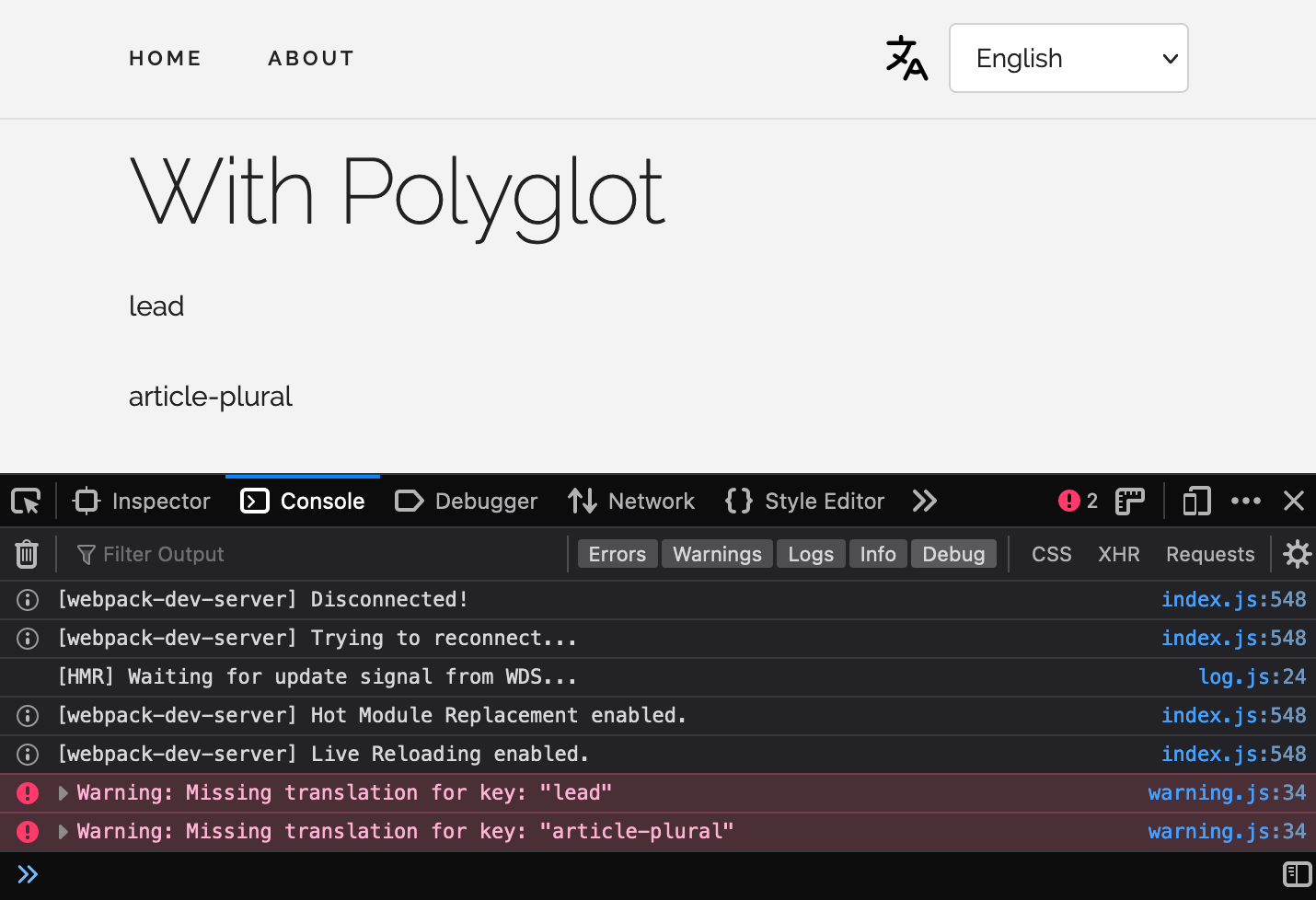 Aplicación de demostración en inglés con Polyglot y elementos de menú y título principal faltantes | Phrase