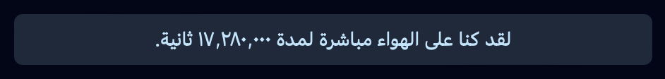 A screenshot of a portion of our About page reading "لقد كنا على الموعد مباشرةً لمدة ٢٣٬٣٤٦ دقيقة”, which is the Arabic translation of our new message. The number in the message is shown in Eastern Arabic numerals and a whole number (no fractional decimals).