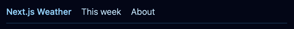 Navigation header with links titled 'Next.js Weather', 'This week', and 'About', on a dark blue background.
