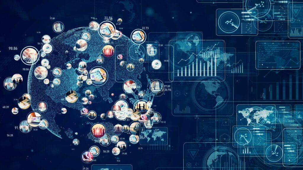 A digital visualization showcasing a globe surrounded by interconnected circular images of diverse content types, graphs, and analytics, representing global content strategies and their impact on local markets.
