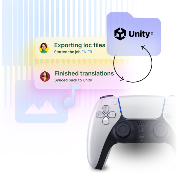 Eine Werbegrafik zeigt die Logos von Unity und Phrase mit der Überschrift "Zero Dev Time for Localization" (Lokalisierung ohne Entwicklungsarbeit), begleitet von Bildern einer Spielentwicklungs-Schnittstelle, die die nahtlose, entwicklerfreie Lokalisierungsintegration für Unity-Projekte hervorhebt.