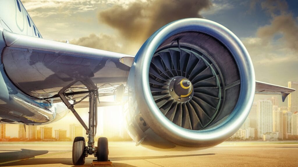 Close-up of a jet engine on a runway at sunrise, symbolizing power, acceleration, and global growth momentum.