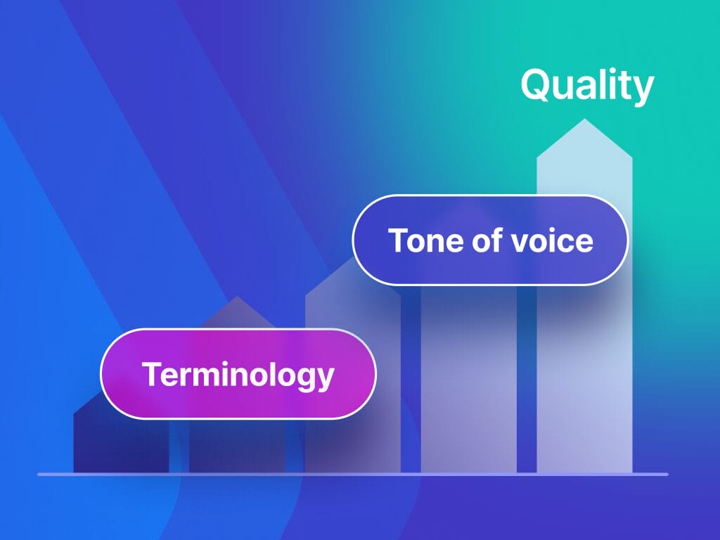 An illustrated chart showing increasing bars labeled “Terminology” and “Tone of voice,” representing improved quality through customized translations for brand consistency and precise language.