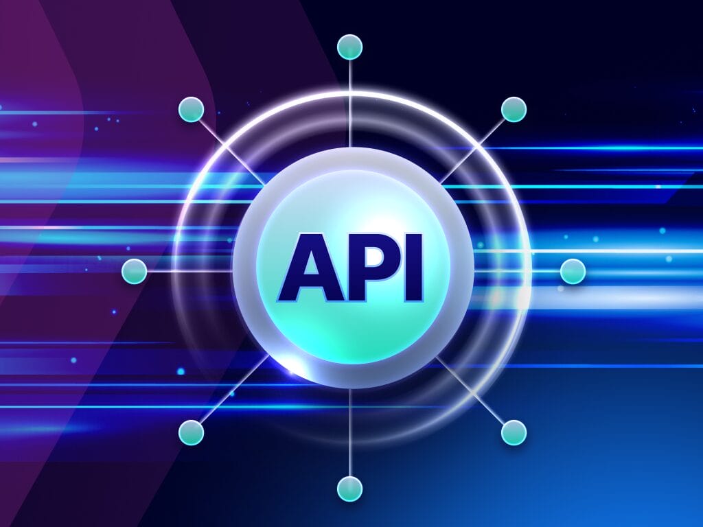 A stylized graphic showing a central circle labeled “API” with connected nodes and light streaks radiating outward, representing real-time delivery and integration of services.