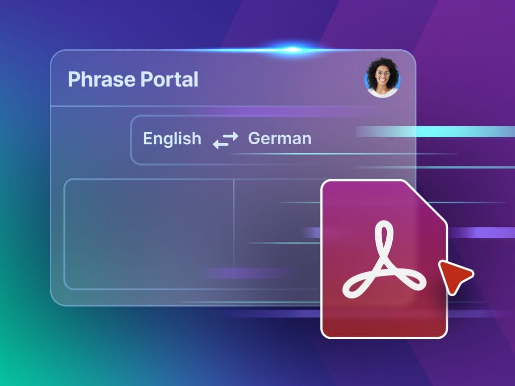 Graphic showing diverse users selecting languages and engaging with a self-serve translation interface on Phrase, with visual icons representing multilingual content and streamlined user control.